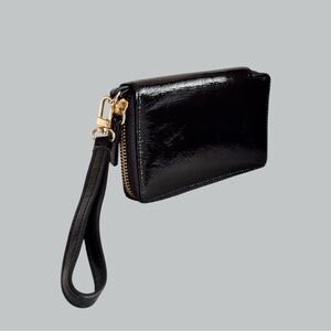 Halogen Black Patent Leather Zip Wristlet Wallet Gold Hardware
